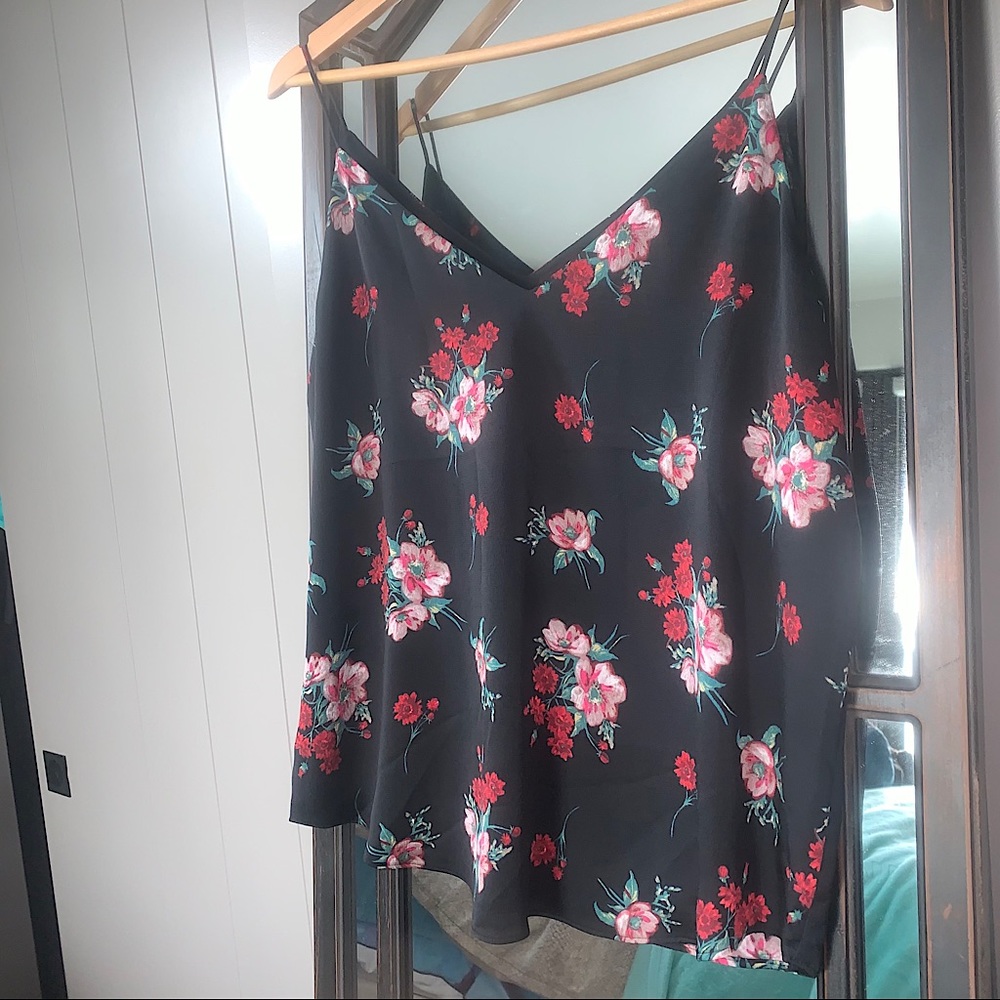 Express Tank Top Blouse Black With Red Flowers